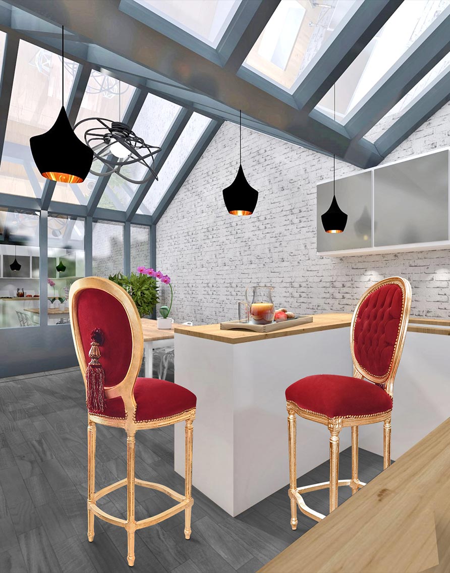 glass windows with Royal Art Palace bar chairs
