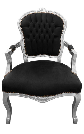 Baroque armchair of style Louis XV black velvet and silvered wood