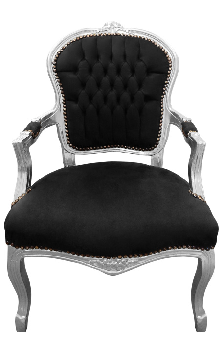 Fauteuil baroque de style Louis XV velours noir et bois argent