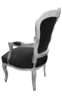 Fauteuil baroque de style Louis XV velours noir et bois argent