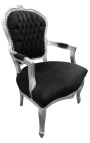 Fauteuil baroque de style Louis XV velours noir et bois argent