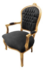 Baroque armchair of Louis XV style black velvet and gold wood