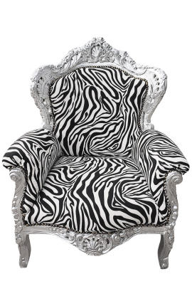 Fotoliu mare stil baroc din material zebra si lemn argintiu