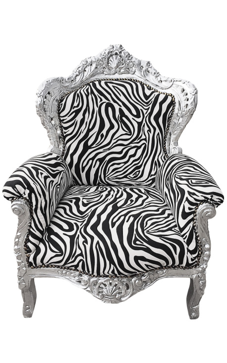 Poltrona grande estilo barroco em tecido zebra e madeira prateada