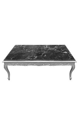 Grande table basse de style baroque bois argenté et marbre noir