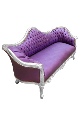 Sofa w stylu barokowym Napoleon III tkanina fioletowa sztuczna skóra i srebrne drewno