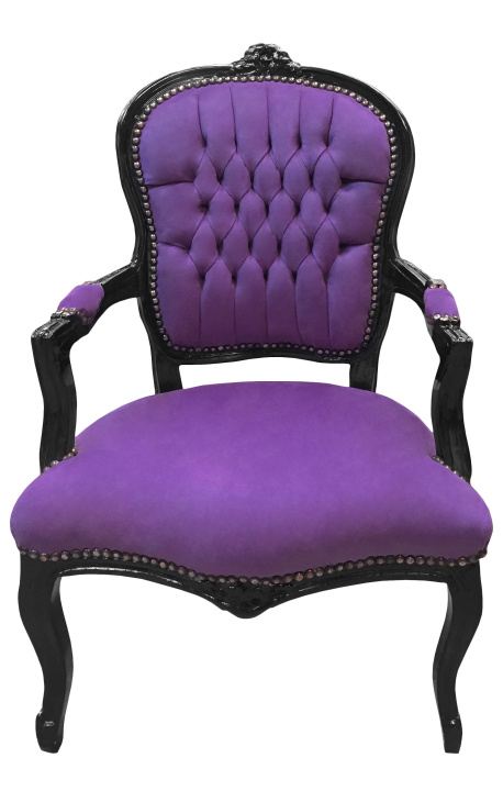 Poltrona barroca Louis XV Tecido roxo estilo e madeira lacada preta - 1