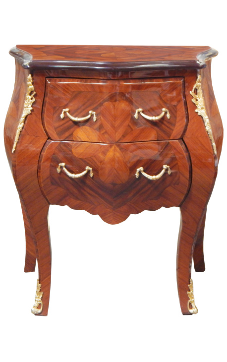 Marquetry bedside dresser 2 drawers with gilded bronzes