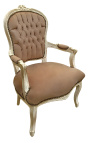 Baroque armchair Louis XV style taupe false skin leather and beige lacquered wood