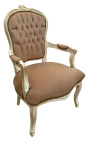 Fauteuil baroque de style Louis XV tissu taupe et bois beige