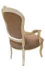 Fauteuil baroque de style Louis XV tissu taupe et bois beige