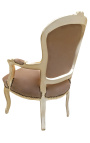 Fauteuil baroque de style Louis XV tissu taupe et bois beige