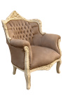 Armchair "princely" Baroque style taupe velvet and beige patinated wood