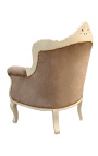 Armchair "prins" Barock stil taupe sammet och beige patinerat trä