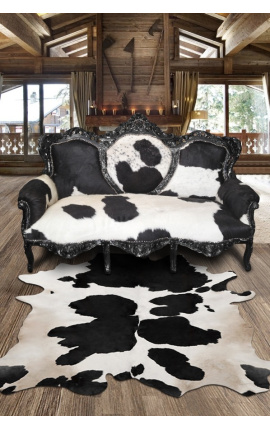 Barocksofa aus echtem Rindsleder in Schwarz und Weiß, schwarzes Holz