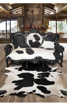 Barok bank echt koeienhuid zwart en wit, zwart hout