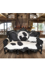 Barok sofa ægte okselæder sort og hvid, sort træ