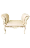 Banquette de style Louis XV tissu velours beige et bois patiné beige