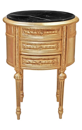 Comodino tamburo ovale in legno dorato con 3 cassetti e marmo nero
