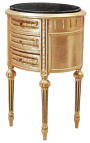 Table de nuit (chevet) tambour ovale en bois doré avec 3 tiroirs et marbre noir