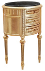 Tauleta de nit (tabanera de nit) tambor ovalat de fusta daurada amb 3 calaixos i marbre negre