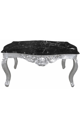 Baroka stila sudrabota koka kafijas galdiņš ar melna marmora virsmu
