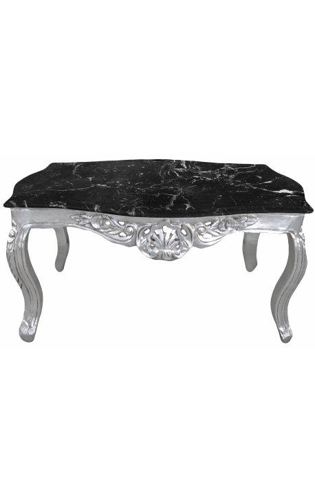 Table basse de salon de style baroque en bois argenté avec marbre noir