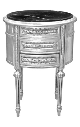 Criado-mudo oval tambor (cabeceira) em madeira prata com 3 gavetas e mármore preto