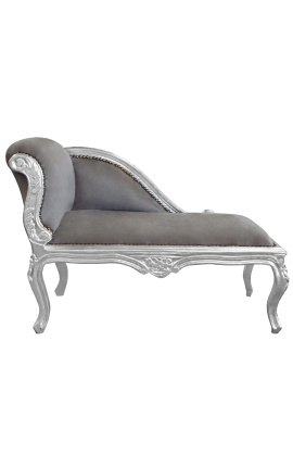 Chaise longue de estilo Louis XV tela gris y madera plata