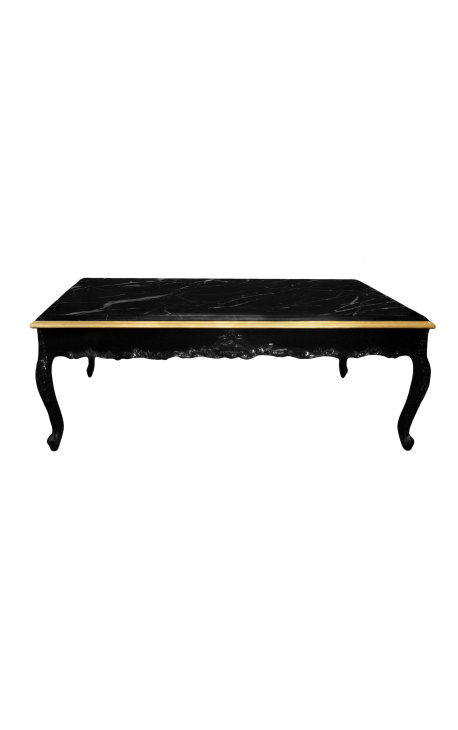 Grande table basse de style baroque bois laqué noir et marbre noir