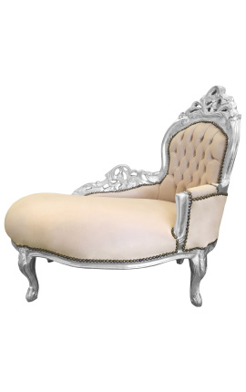 Chaise longue barroca tela de terciopelo beige y madera plata