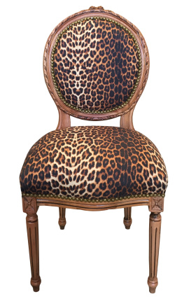 Stuhl im Louis XVI-Stil, Leopardenstoff und rohes Holz