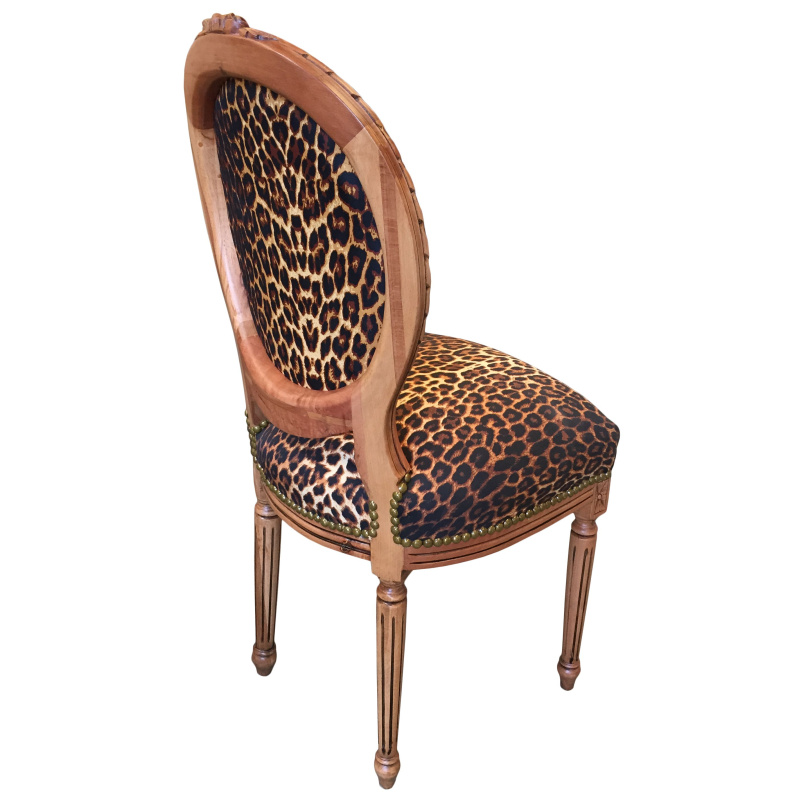Chair Louis XVI style leopard fabric and raw wood