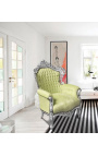 Grand fauteuil de style baroque tissu velours vert anis et bois argenté