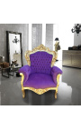Didelis baroko stiliaus fotelis violetinis aksomas ir aukso mediena