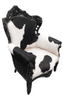 Velika barokna fotelja od prave kravlje kože i crnog drveta