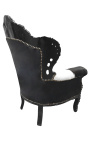 Grand fauteuil de style baroque en vrai peau de vache et bois laqué noir