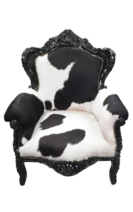 Big baroque style armchair real cow-hide and black wood