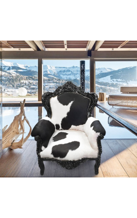 Μεγάλη πολυθρόνα σε στυλ μπαρόκ γνήσιο δέρμα αγελάδας και μαύρο ξύλο