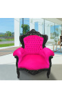 Big baroque style armchair fuchsia pink velvet and black lacquered wood