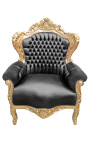 Gran sillón estilo barroco piel negra y oro de madera