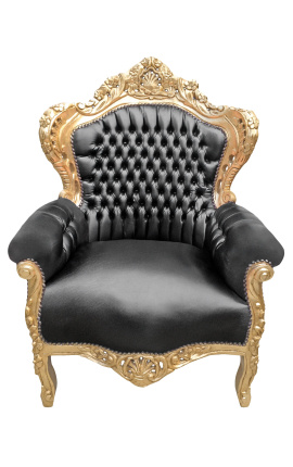 Stor barok lænestol i sort kunstlæder og træguld