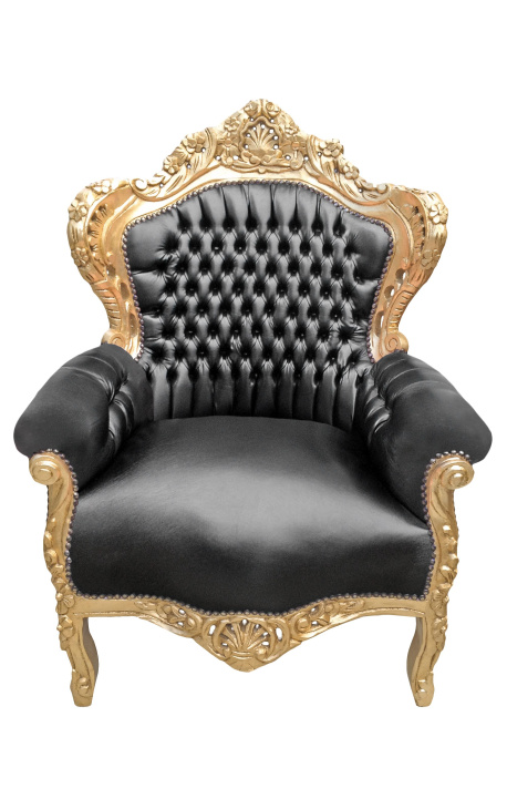 Grote fauteuil in barokstijl zwart kunstleer en hout goud