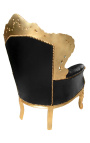 Didelis baroko stiliaus fotelis juodos odos ir medžio aukso spalvos
