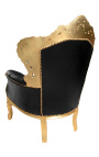 Nagy barokk stílusú fotel fekete műbőr és fa arany