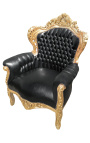 Grand fauteuil de style baroque tissu simili cuir noir et bois doré