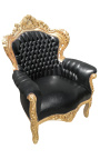Gran sillón estilo barroco piel negra y oro de madera