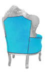 Grand fauteuil de style baroque velours turquoise et bois argent