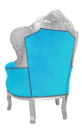 Grand fauteuil de style baroque velours turquoise et bois argent