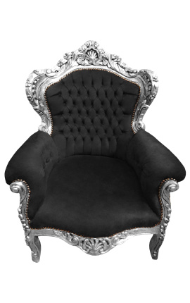 Gran sillón de estilo barroco en terciopelo negro y madera plata